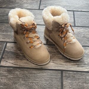 Ugg Plush lace up bootie size 7 Faux Fur Lined Tan Suede Winter Boots